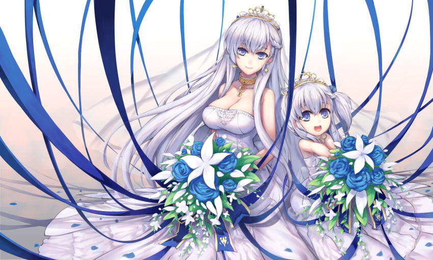 2girls :d azur_lane bangs bare_shoulders belchan_(azur_lane) belfast_(azur_lane) blue_flower blue_ribbon blue_rose blush bouquet braid breasts bride cleavage closed_mouth collarbone commentary_request dress earrings eyebrows_visible_through_hair flower hair_between_eyes hair_ribbon head_tilt highres holding holding_bouquet jewelry large_breasts multiple_girls one_side_up open_mouth outstretched_arms ribbon rose silver_hair smile strapless strapless_dress tamashii_yuu tiara upper_teeth violet_eyes wedding_dress white_dress white_flower younger