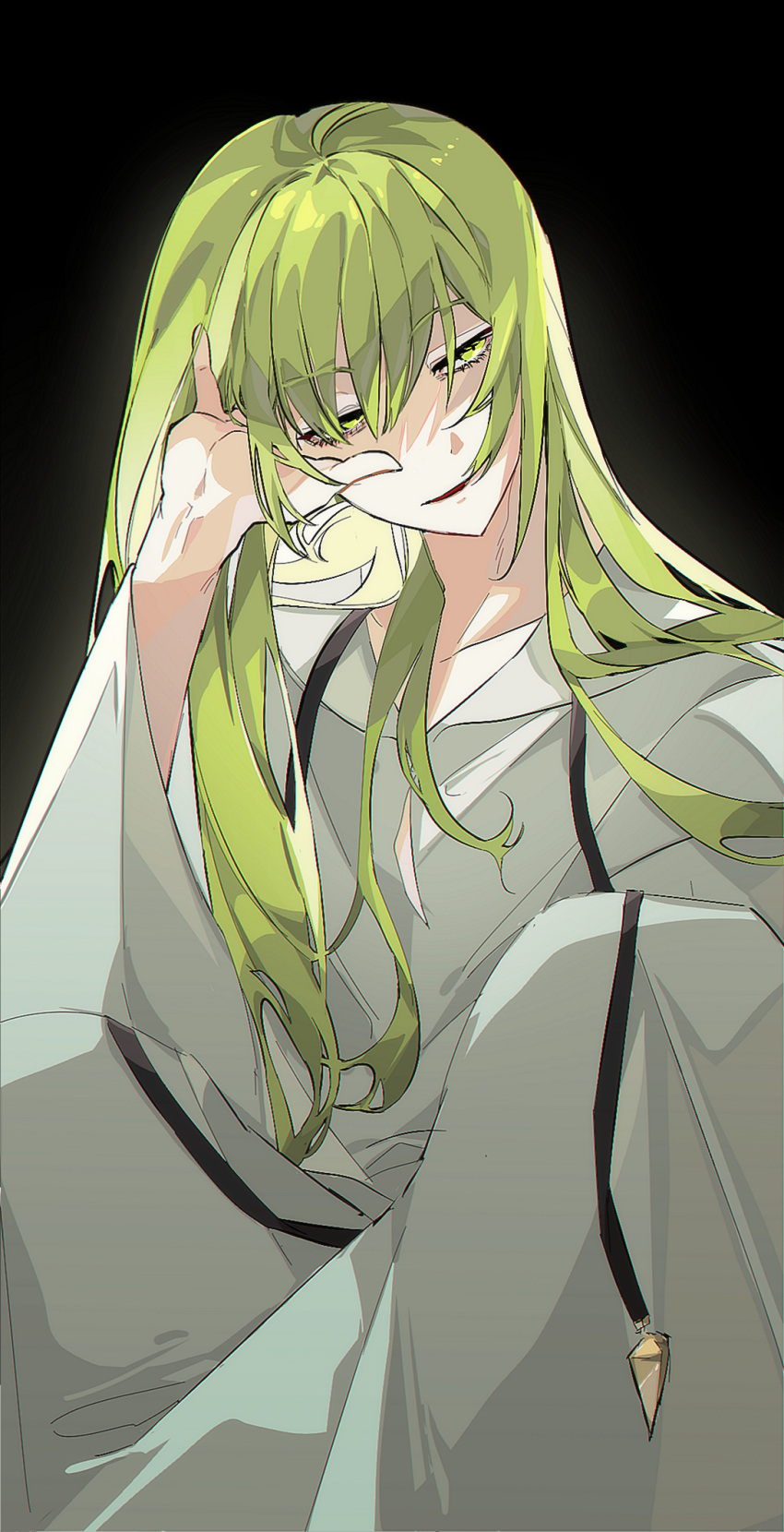 1other allsu_official androgynous bangs black_background commentary_request enkidu_(fate) fate/grand_order fate/strange_fake fate/zero fate_(series) green_eyes green_hair highres korean_commentary long_hair long_sleeves looking_away robe simple_background smile solo upper_body very_long_hair white_robe