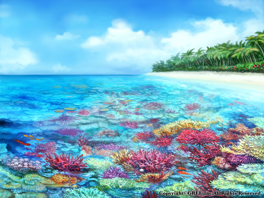 blue_sky clouds commentary_request coral coral_reef day fish forest highres island nature no_humans official_art outdoors scenery seisen_cerberus sky watermark z.dk