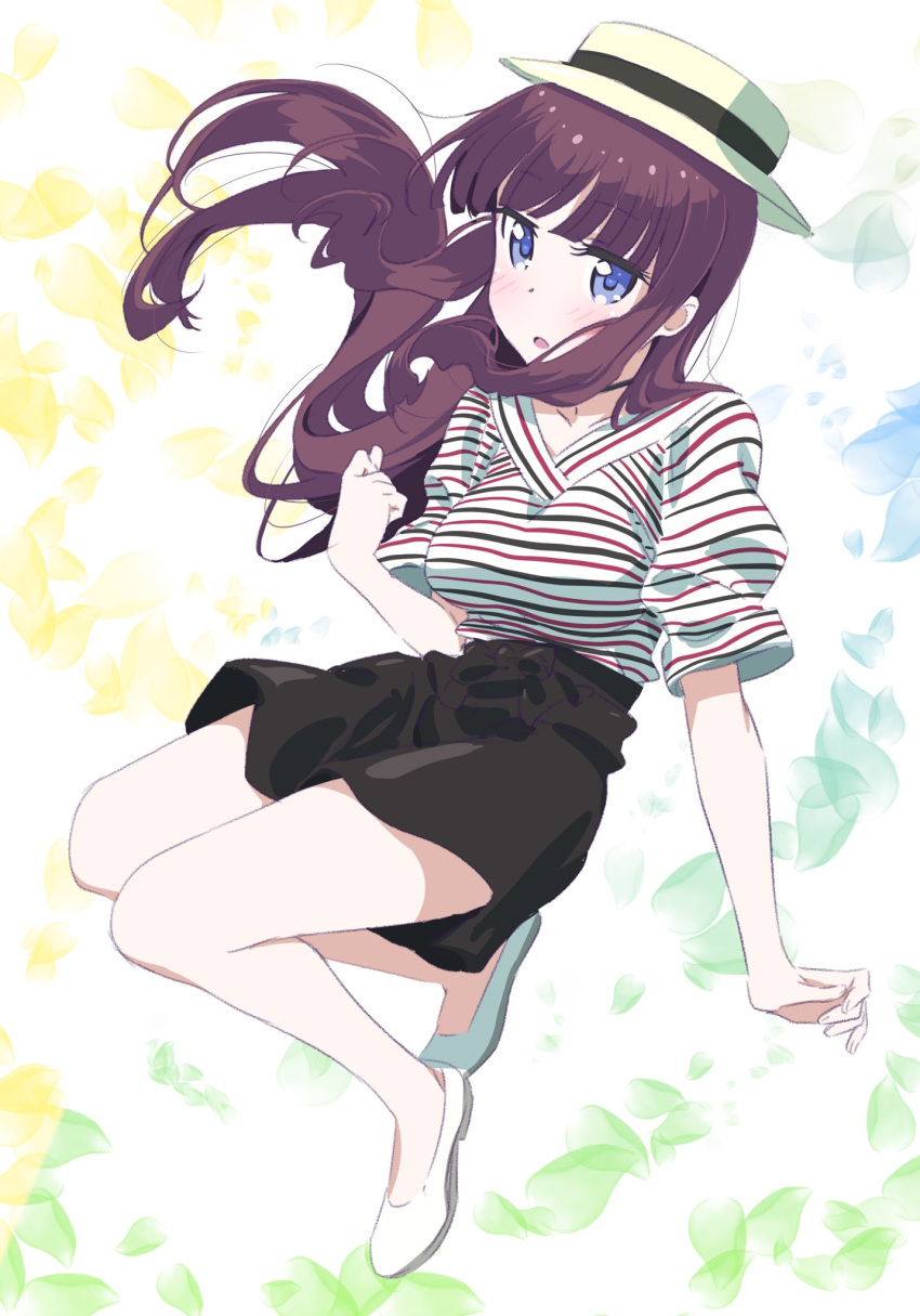 1girl :o black_skirt blouse breasts brown_hair commentary_request eyebrows_visible_through_hair floating_hair full_body hat highres large_breasts long_hair looking_at_viewer multicolored multicolored_background new_game! parted_lips pink_x shoes short_sleeves skirt solo takimoto_hifumi violet_eyes white_footwear