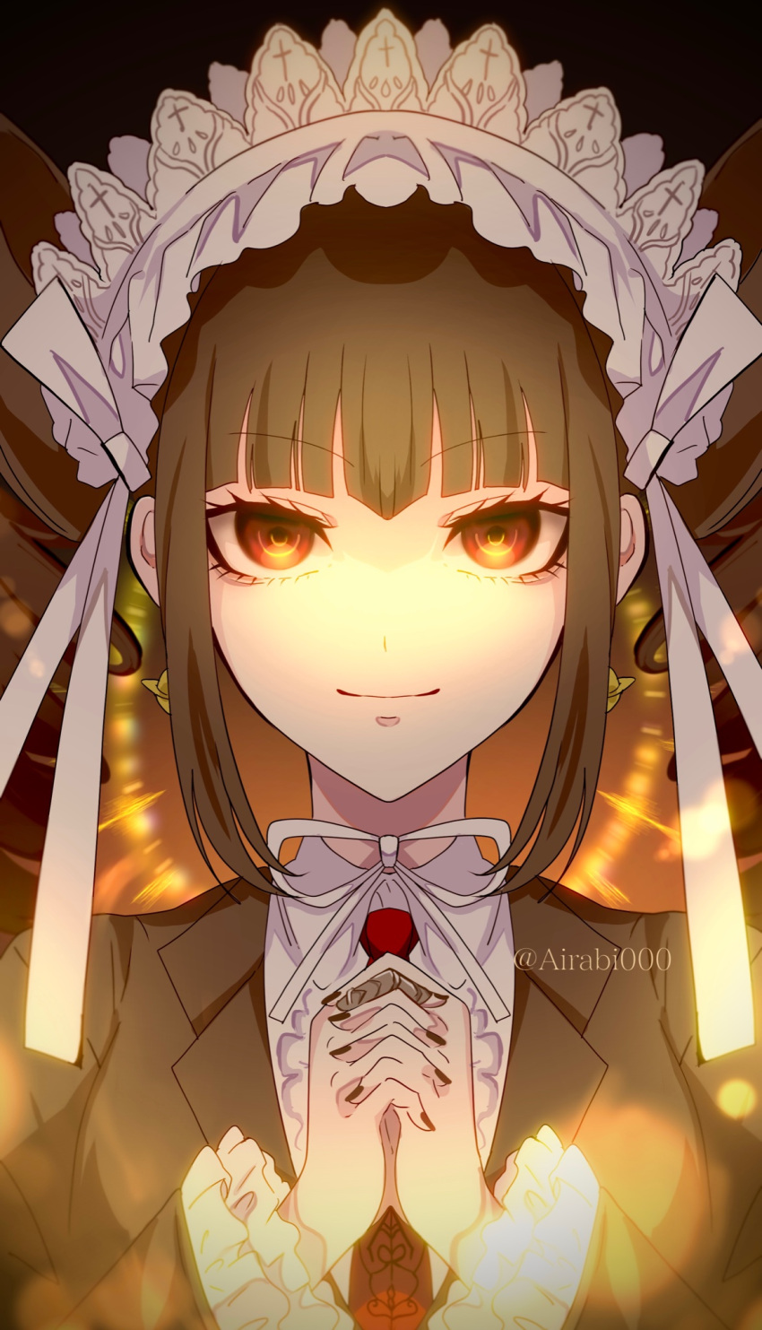 1girl airabi artist_name bangs bonnet brown_background brown_hair celestia_ludenberg center_frills closed_mouth danganronpa:_trigger_happy_havoc danganronpa_(series) drill_hair frills gothic_lolita hands_up highres interlocked_fingers jacket lolita_fashion long_hair long_sleeves looking_at_viewer necktie red_eyes red_necktie smile solo twin_drills twintails