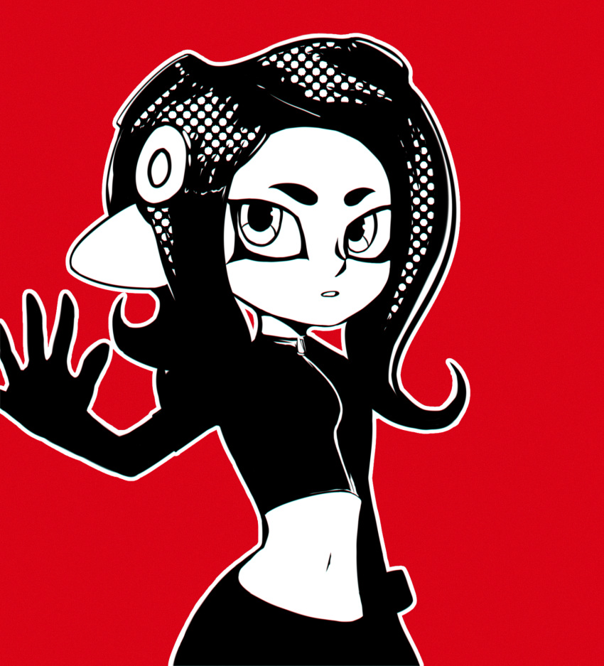 1girl greyscale highres looking_at_viewer midriff monochrome murasaki_saki navel octoling outline parted_lips red_background simple_background skirt solo splatoon splatoon_2 standing tentacle_hair white_outline