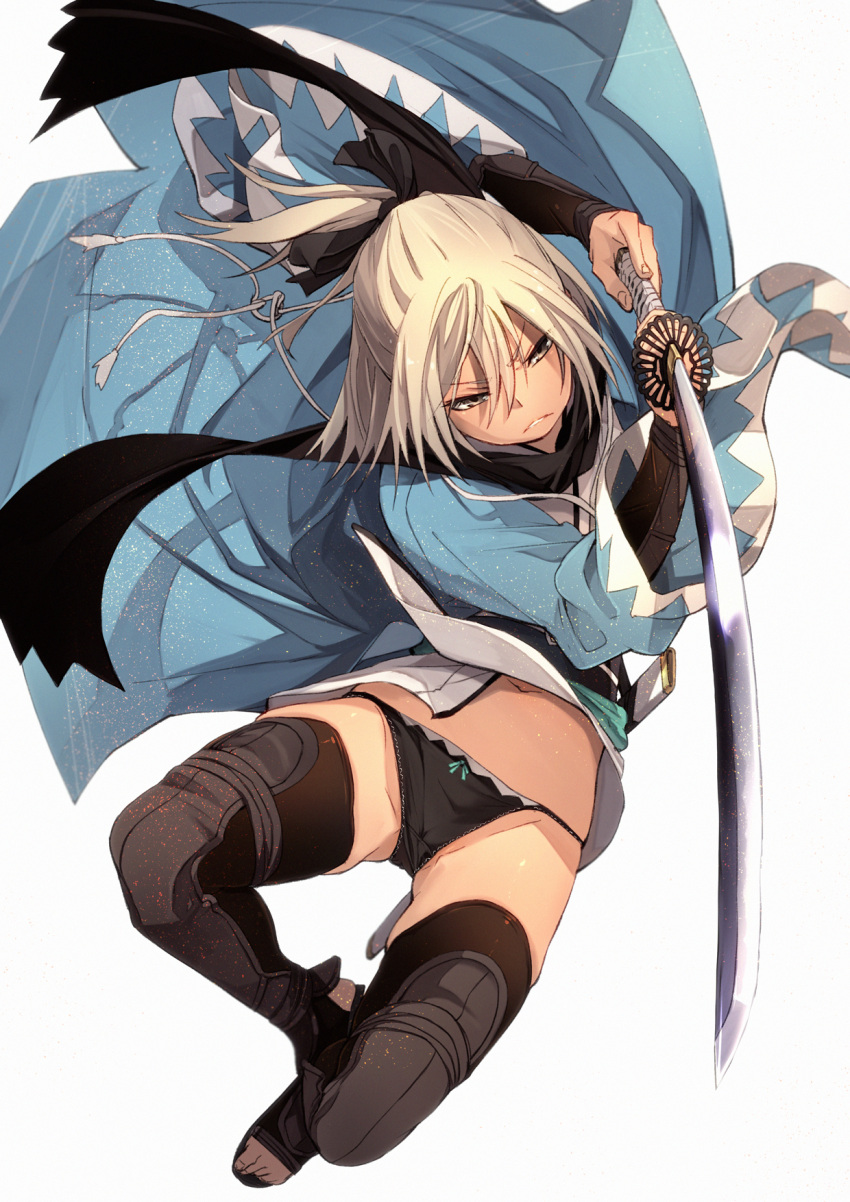 1girl black_legwear black_panties blonde_hair brown_eyes commentary_request detached_sleeves fate/grand_order fate_(series) fighting_stance fu-ta hair_between_eyes hair_ribbon haori highres japanese_clothes katana navel obi okita_souji_(fate) panties parted_lips ponytail ribbon sash scarf simple_background solo sword thigh-highs toeless_legwear underwear weapon white_background