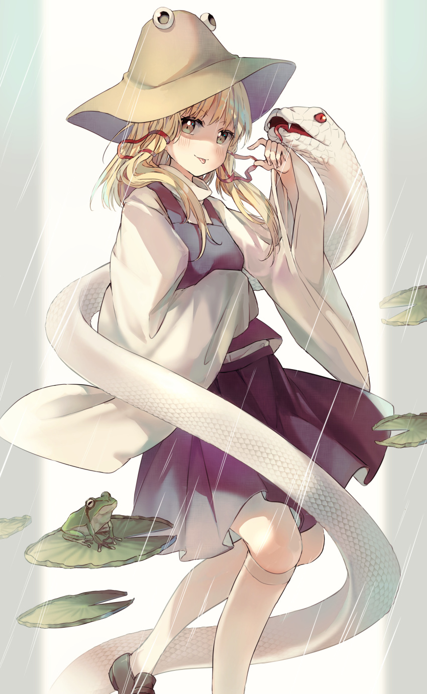 1girl :p absurdres animal bangs blonde_hair brown_eyes brown_footwear brown_headwear closed_mouth commentary_request eyebrows_visible_through_hair frog hand_up hat highres kneehighs lily_pad loafers long_hair long_sleeves looking_at_viewer moriya_suwako purple_skirt purple_vest rain revision shirt shoes skirt skirt_set sleeves_past_fingers sleeves_past_wrists smile snake solo soranagi_yuki tongue tongue_out touhou vest white_legwear white_shirt white_snake wide_sleeves