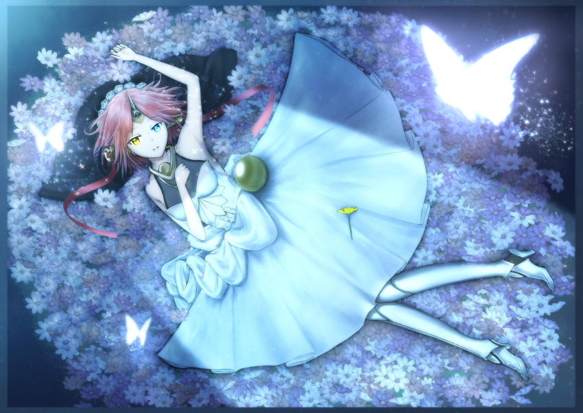 1girl blue_eyes boots commentary_request dress fate/apocrypha fate_(series) field flower flower_field frankenstein's_monster_(fate) heterochromia horns looking_at_viewer lying on_back pink_hair short_hair shta-chu-jisuiai solo thigh-highs thigh_boots white_dress yellow_eyes