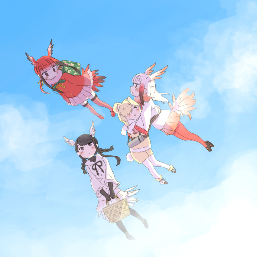 4girls alpaca_ears alpaca_suri_(kemono_friends) alpaca_tail animal_ears bangs bird_tail bird_wings black-headed_ibis_(kemono_friends) black_hair blush box braid canteen carrying closed_eyes elbow_gloves eyebrows_visible_through_hair flying frilled_sleeves frills fur_collar gloves hair_bun hair_over_one_eye hair_ribbon hasu_(zatsugami) head_wings highres japanese_crested_ibis_(kemono_friends) japari_symbol kemono_friends long_sleeves multi-tied_hair multicolored_hair multiple_girls neck_ribbon pantyhose picnic_basket pleated_skirt redhead ribbon scarlet_ibis_(kemono_friends) short_hair shorts sidelocks skirt sky tail thigh-highs tress_ribbon twin_braids twintails white_hair wings wrapped_up