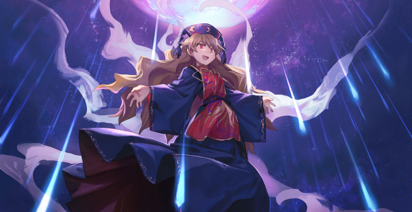 1girl absurdres backlighting bangs black_dress black_hat blonde_hair chinese_clothes danmaku dress energy fox_tail full_moon hat highres july_(shichigatsu) junko_(touhou) long_hair long_sleeves looking_at_viewer moon multiple_tails night night_sky obi open_hands open_mouth pink_moon red_eyes red_pupils sash shiny shiny_hair sky smile solo tabard tail tassel touhou very_long_hair wide_sleeves wind