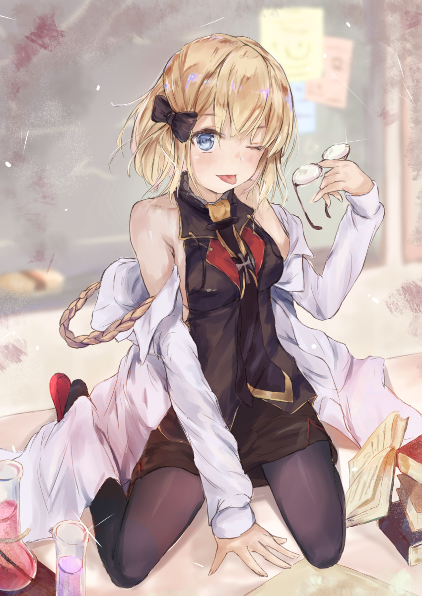1girl ;p arm_support azur_lane bangs bare_shoulders between_legs black_bow black_legwear black_neckwear black_shirt black_skirt blonde_hair blue_eyes blurry blurry_background blush book bow breasts closed_mouth collarbone commentary_request depth_of_field eyebrows_visible_through_hair eyewear_removed fingernails glasses hair_between_eyes hair_bow hanagin hand_between_legs hand_up head_tilt highres holding holding_eyewear labcoat long_sleeves looking_at_viewer medium_breasts necktie off_shoulder one_eye_closed open_book pantyhose red_footwear round-bottom_flask shirt sitting skirt sleeveless sleeveless_shirt sleeves_past_wrists solo tongue tongue_out wariza z23_(azur_lane)