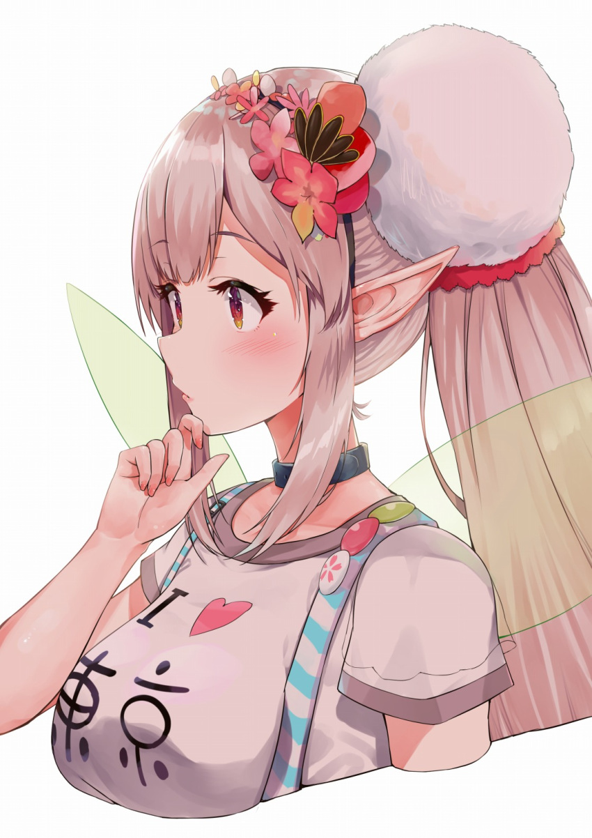 1girl belt_collar blush breasts clothes_writing cropped_torso elu_(nijisanji) eyebrows_visible_through_hair fairy_wings flower from_side hair_flower hair_ornament hairband hand_on_own_chin heart highres large_breasts long_hair nijisanji pointy_ears racchi. red_eyes shirt short_sleeves simple_background solo upper_body virtual_youtuber white_background white_shirt wings