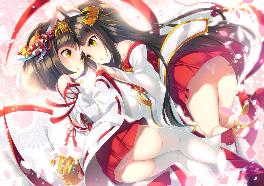2girls animal_ears azur_lane black_hair cherry_blossoms commentary_request detached_sleeves fox_ears hair_ornament hand_holding highres japanese_clothes long_hair looking_at_another mayuzaki_yuu miko multiple_girls mutsu_(azur_lane) nagato_(azur_lane) open_mouth panties petals short_hair thigh-highs underwear white_legwear white_panties yellow_eyes