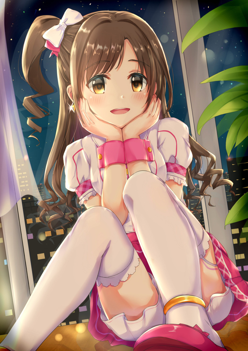 1girl :d absurdres anklet bangs bloomers blush bow brown_eyes brown_hair building cityscape commentary_request curtains drill_hair earrings eyebrows_visible_through_hair garter_straps glint hair_bow hands_on_own_cheeks hands_on_own_face highres idolmaster idolmaster_cinderella_girls indoors jewelry knees_up koi0806 leaf long_hair looking_at_viewer night night_sky one_side_up open_mouth parted_bangs pink_footwear pink_shirt pink_skirt plant puffy_short_sleeves puffy_sleeves shimamura_uzuki shiny shiny_hair shirt shoes short_sleeves sitting skirt sky skyscraper smile solo star star_(sky) star_earrings starry_sky tareme thigh-highs underwear uniform upper_teeth white_bloomers white_bow white_legwear window wrist_cuffs