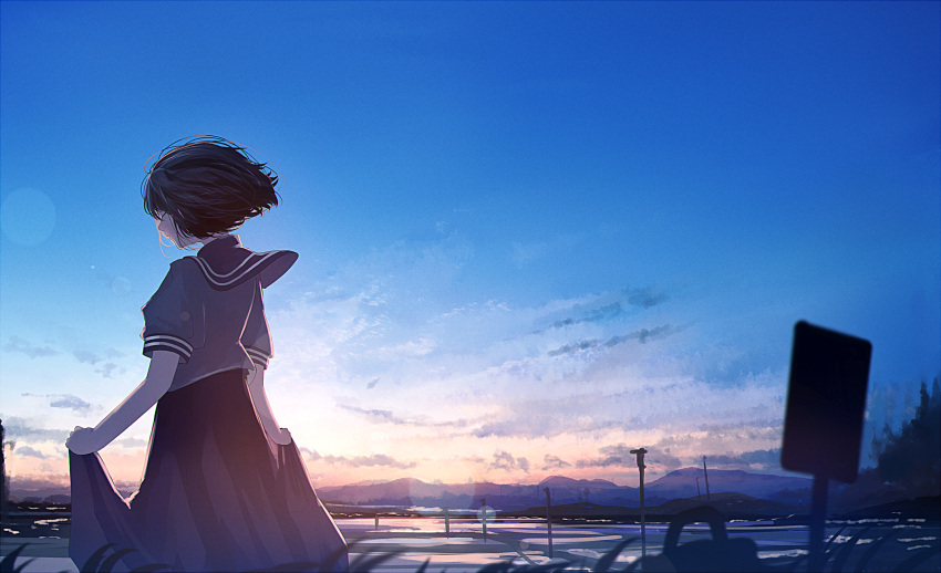 1girl bag black_hair blurry bob_cut bokeh city closed_eyes dark depth_of_field from_behind highres hill mifuru original rice_paddy rural scenery school_bag school_uniform serafuku sign skirt skirt_lift sky solo sunrise tree wind