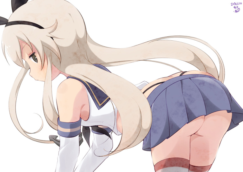1girl animal_ears aosora_neko ass blonde_hair breasts closed_mouth commentary_request elbow_gloves fake_animal_ears gloves grey_eyes highres horizontal-striped_legwear horizontal_stripes kantai_collection long_hair looking_at_viewer looking_back rabbit_ears shimakaze_(kantai_collection) simple_background skirt small_breasts solo striped white_background