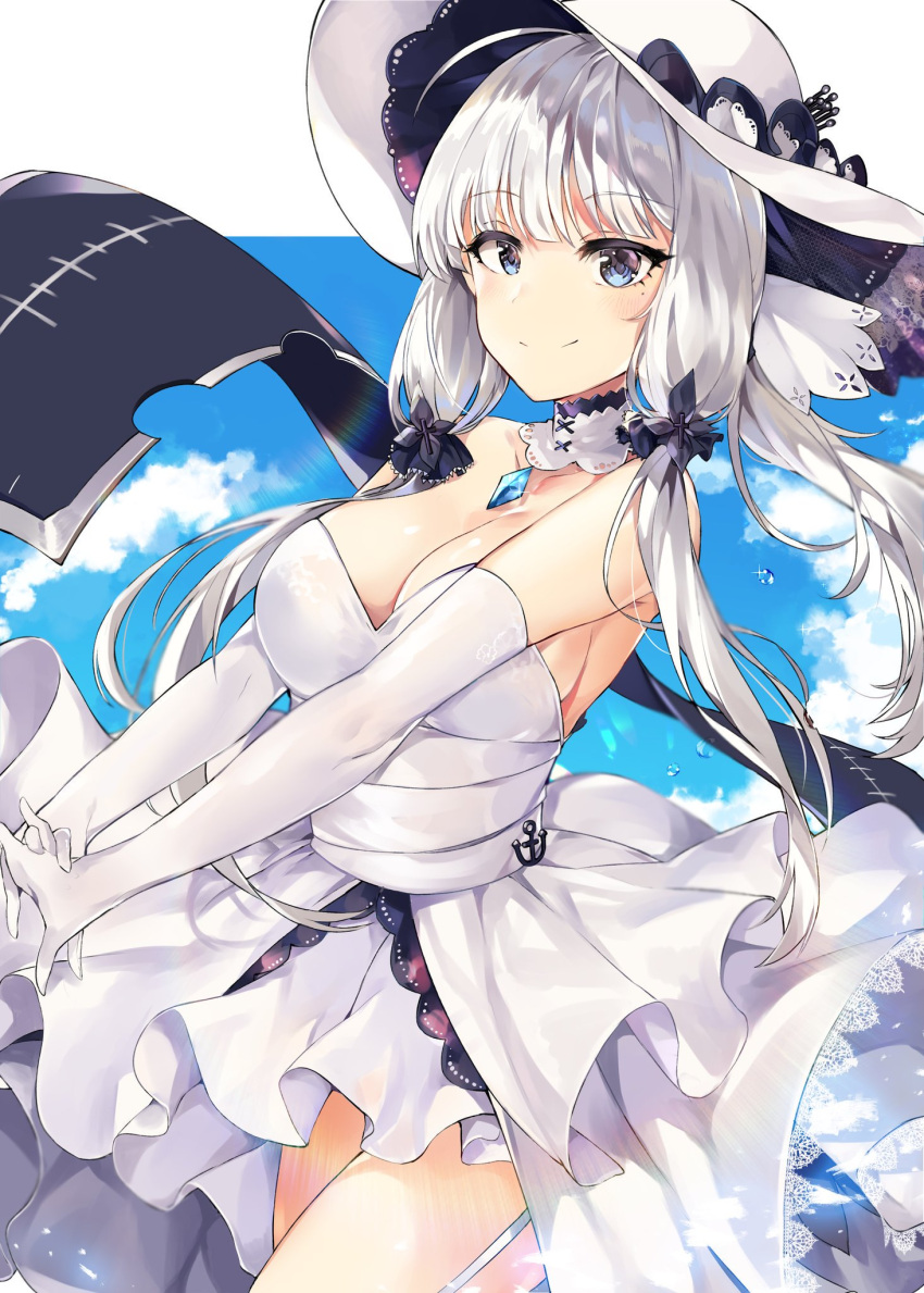 1girl ahoge anchor_symbol azur_lane bangs bare_shoulders blue_eyes blue_sky blush breasts choker cleavage clouds collarbone day dress elbow_gloves eyebrows_visible_through_hair flight_deck floating_hair garter_straps gloves hair_ornament hair_ribbon hands_together hat highres illustrious_(azur_lane) jewelry lace-trimmed_hat large_breasts light_particles long_hair looking_at_viewer low_twintails mole mole_under_eye outdoors pendant ribbon sapphire_(stone) sky smile solo sparkle strapless strapless_dress sun_hat thigh-highs thighs tress_ribbon tuxedo_de_cat twintails water_drop white_dress white_gloves white_hair white_hat wind wind_lift