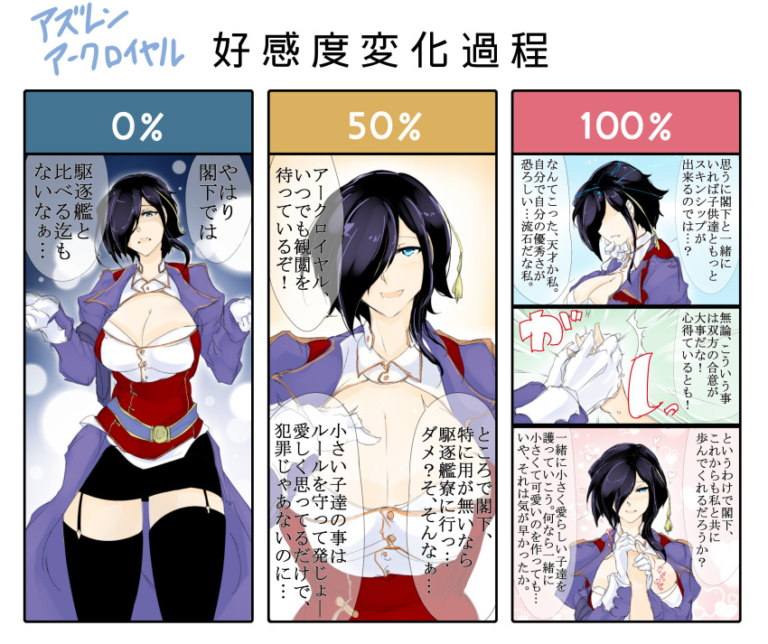 absurdres ark_royal_(azur_lane) azur_lane black_hair blue_eyes blush breasts cleavage comic gloves hair_over_one_eye highres holding karakure_(kamo-nanban) large_breasts long_hair open_mouth short_hair skirt smile translation_request