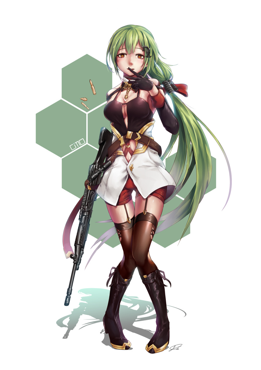 1girl absurdres armpits artist_name bangs belt black_footwear blush boots breasts brown_legwear bullet cleavage cleavage_cutout collar detached_sleeves dms full_body garter_straps girls_frontline gloves green_hair gun hair_ornament hair_ribbon hairclip hand_up heart heart-shaped_pupils hexagon highres holding holding_gun holding_weapon knee_boots knees_together_feet_apart long_hair looking_at_viewer low-tied_long_hair machine_gun mk48 mk48_(girls_frontline) no_bra open_mouth ponytail red_eyes red_ribbon red_shorts ribbon shadow shirt short_shorts shorts sidelocks signature skindentation smile solo strap symbol-shaped_pupils thigh-highs v very_long_hair weapon