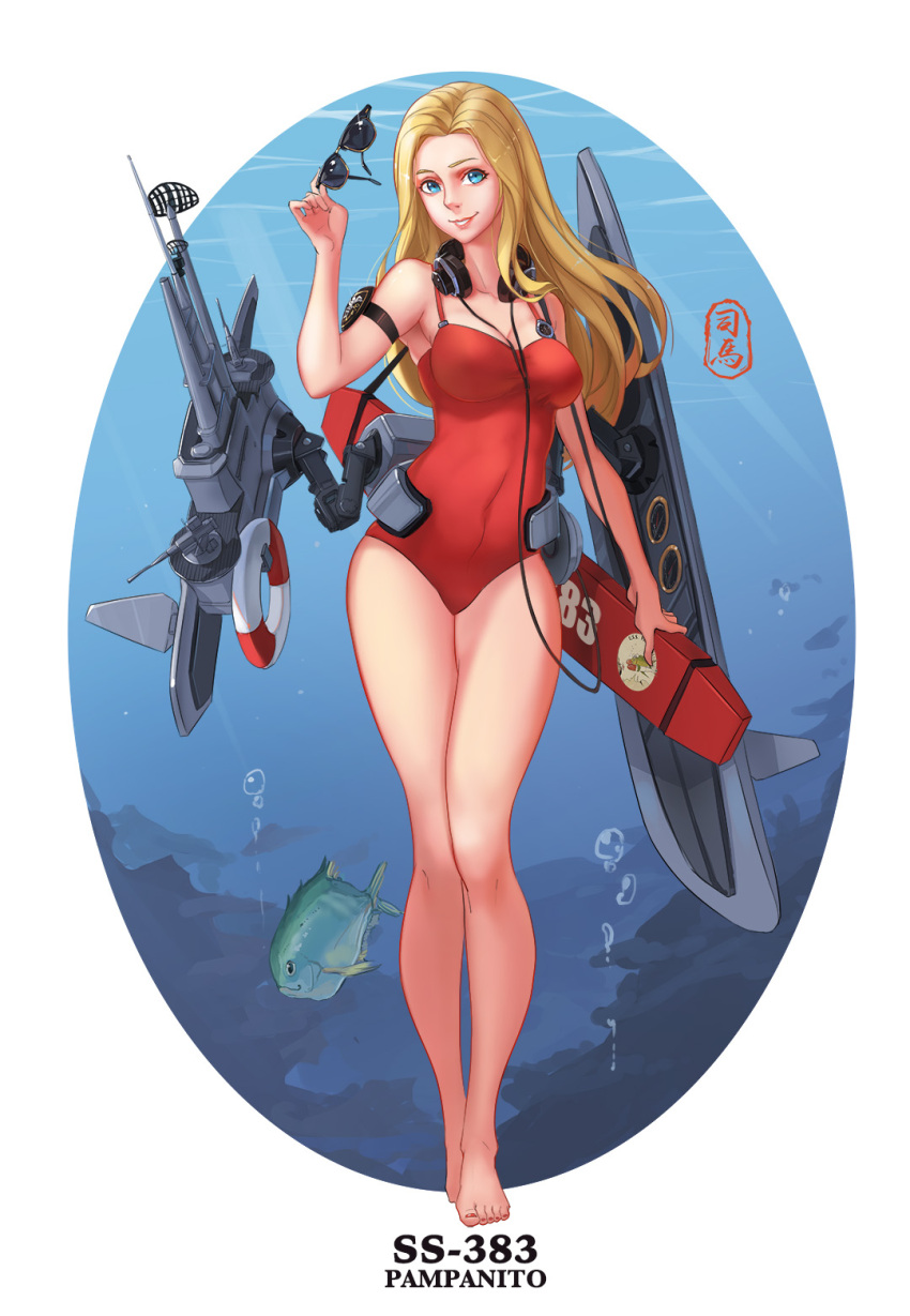1girl armband blonde_hair blue_eyes breasts character_name cleavage full_body headphones headphones_around_neck highres holding_eyewear long_hair looking_at_viewer medium_breasts one-piece_swimsuit pacific parted_lips red_swimsuit rigging signature sima_naoteng skindentation smile solo standing swimsuit teeth underwater uss_pampanito_(ss-383)