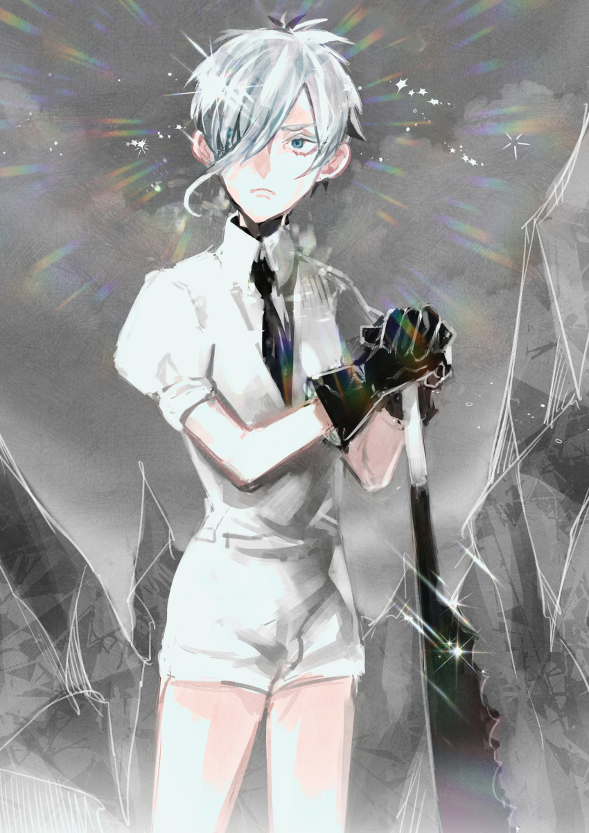 1other absurdres androgynous antarcticite blue_eyes colored_eyelashes gem_uniform_(houseki_no_kuni) gloves glowing glowing_hair grey_background hair_over_one_eye highres houseki_no_kuni long_bangs necktie serious short_hair silver_hair solo sparkle sword weapon white_hair