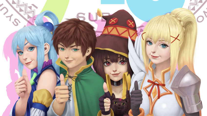 1boy 3girls aqua_(konosuba) bare_shoulders black_gloves blonde_hair blue_dress blue_eyes blue_hair brown_hair capelet carlo_montie cat chomusuke collar commentary darkness_(konosuba) detached_sleeves dress english_commentary fingerless_gloves gloves green_eyes hair_ornament hair_rings hat high_ponytail highres kono_subarashii_sekai_ni_shukufuku_wo! lips long_hair looking_at_viewer megumin multiple_girls red_eyes satou_kazuma short_hair sidelocks smile thumbs_up witch_hat x_hair_ornament