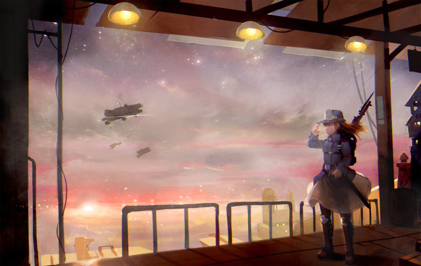 1girl aircraft airship bayonet blonde_hair bolt_action gun highres military military_uniform original pouch red_eyes rifle scenery segamark soldier solo star uniform weapon