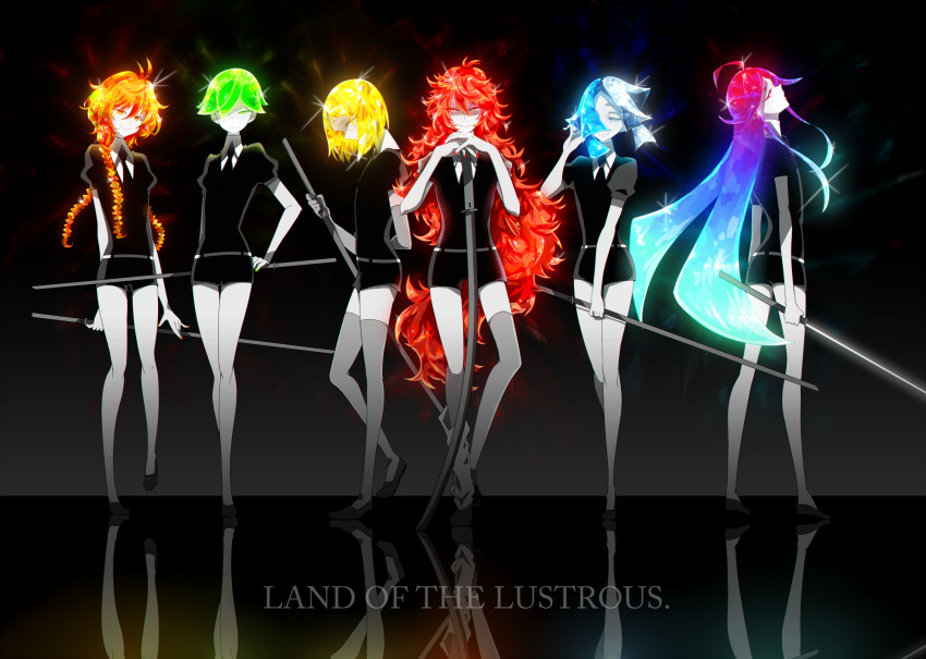 6+others ahoge alexandrite_(houseki_no_kuni) androgynous aqua_hair black_background blonde_hair blue_hair braid colored_eyelashes copyright_name elbow_gloves euclase_(houseki_no_kuni) eyes_visible_through_hair full_body gem_uniform_(houseki_no_kuni) gloves glowing glowing_eyes glowing_hair gradient_hair green_eyes green_hair grin hair_over_one_eye highres houseki_no_kuni leaning_on_person long_hair looking_at_viewer looking_back multicolored_hair multiple_braids multiple_others necktie orange_eyes orange_hair padparadscha_(houseki_no_kuni) peridot_(houseki_no_kuni) red_eyes redhead reflection short_hair smile sparkle sphene_(houseki_no_kuni) sword thick_eyebrows thigh-highs wavy_hair weapon white_eyes white_hair yellow_diamond_(houseki_no_kuni) yellow_eyes yucco_kxoxc