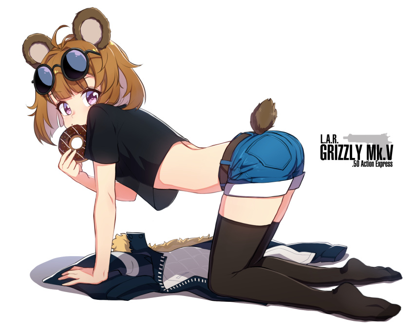 1girl ahoge all_fours animal_ears ass bear_ears bear_tail black_legwear breasts brown_hair character_name crop_top denim denim_shorts doughnut eating eyebrows_visible_through_hair eyewear_on_head food from_side full_body girls_frontline grizzly_mkv grizzly_mkv_(girls_frontline) gun highres jacket jacket_removed looking_at_viewer mouth_hold narynn see-through_silhouette short_hair short_shorts shorts small_breasts solo tail tan thigh-highs violet_eyes weapon younger