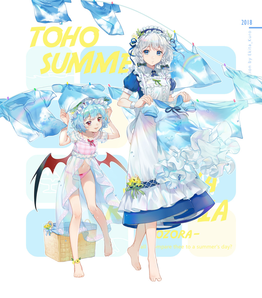 2018 2girls :d apron arms_up bare_legs barefoot basket bat_wings bikini blue_dress blue_eyes blue_hairband blue_ribbon blue_shirt bow clothesline commentary dress ekita_xuan english english_commentary eyebrows_visible_through_hair fang flower frilled_apron frilled_hairband frills full_body green_bow green_ribbon hair_bow hair_flower hair_ornament hair_ribbon hairband hat head_tilt height_difference highres holding_clothes izayoi_sakuya leaf long_dress looking_at_viewer maid maid_apron maid_headdress mob_cap multiple_girls navel open_mouth parted_lips pink_bikini plaid plaid_bikini puffy_short_sleeves puffy_sleeves remilia_scarlet ribbon sailor_collar school_uniform see-through serafuku shirt short_hair short_sleeves silver_hair smile standing standing_on_one_leg stomach swimsuit touhou waist_apron white_apron white_background white_hat white_serafuku wings yellow_flower