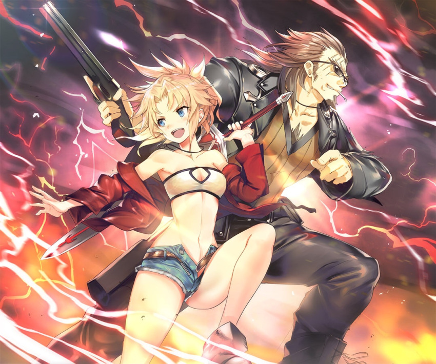 bandeau blonde_hair braid clarent denim denim_shorts fate/apocrypha fate_(series) french_braid green_eyes mordred_(fate) mordred_(fate)_(all) shishigou_kairi short_shorts shorts teddy_(khanshin)