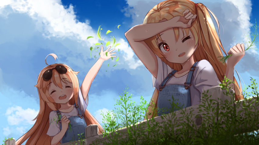 2girls ahoge ame. arm_up azur_lane bangs blonde_hair blush breasts cleveland_(azur_lane) clouds cloudy_sky columbia_(azur_lane) commentary eyewear_on_head fence from_below hair_between_eyes long_hair multiple_girls one_eye_closed one_side_up open_mouth outdoors overalls red_eyes sky small_breasts smile sunglasses sweat upper_body weeding wiping_sweat