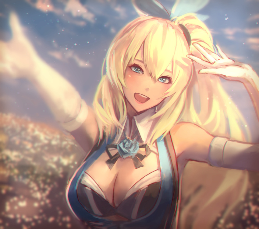 1girl :d arm_up bare_shoulders black_ribbon blonde_hair blue_eyes blue_flower blue_rose blue_sky breasts cleavage clouds commentary elbow_gloves field flower flower_field gloves hair_ribbon kaburagi_yasutaka large_breasts long_hair looking_at_viewer mirai_akari mirai_akari_project open_mouth outstretched_arms ribbon rose side_ponytail sky smile solo white_gloves