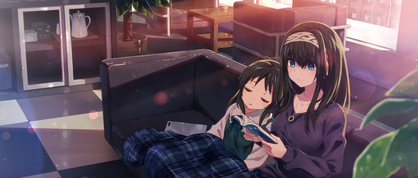 2girls black_hair blanket blue_eyes blurry bokeh book checkered checkered_floor couch depth_of_field hairband head_on_another's_shoulder highres holding holding_book idolmaster idolmaster_cinderella_girls indoors jewelry long_hair multiple_girls neck_ribbon necklace on_couch open_mouth plaid plaid_blanket plant potted_plant reading ribbon sagisawa_fumika sitting sleeping smile sunlight table tachibana_arisu teapot window yuuki_tatsuya