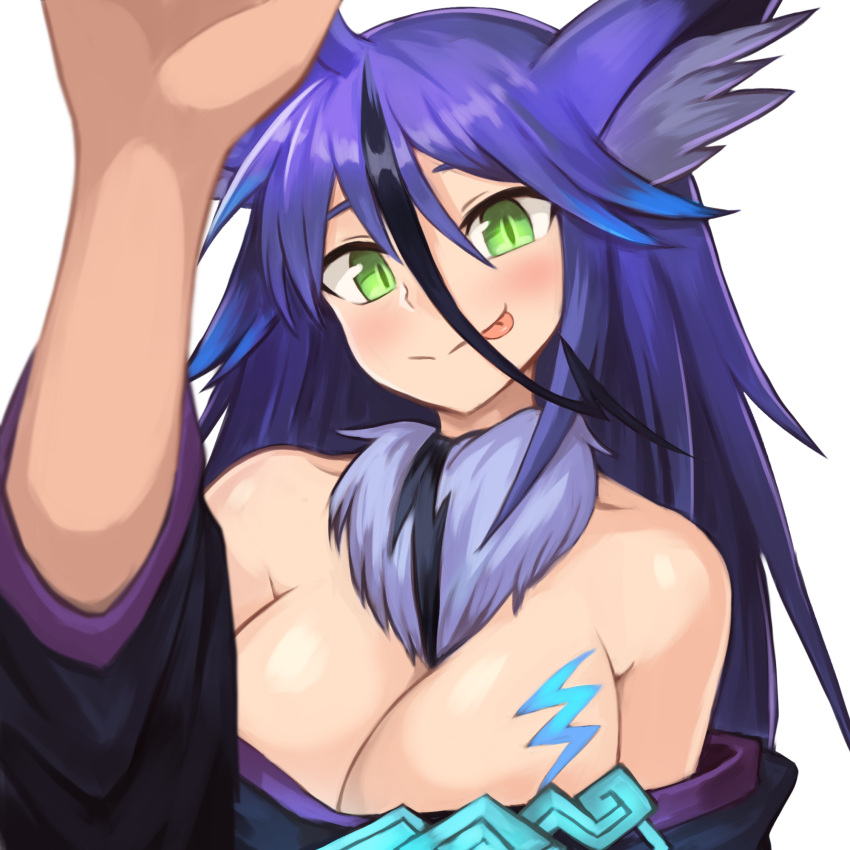 1girl :p animal_ears bare_shoulders blue_hair blush breasts cleavage fur_collar green_eyes hair_between_eyes highres japanese_clothes kimono large_breasts monster_girl_encyclopedia multicolored_hair off_shoulder raijuu_(monster_girl_encyclopedia) simple_background slit_pupils solo sookmo streaked_hair tongue tongue_out upper_body white_background