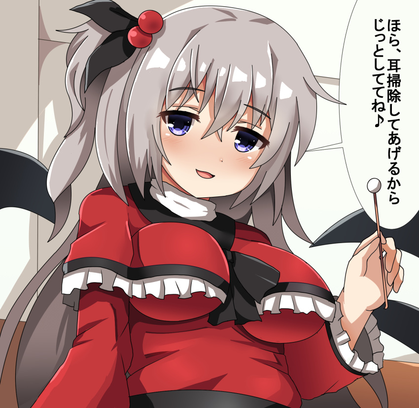1girl blue_eyes blush breasts capelet eyebrows_visible_through_hair grey_hair guard_bento_atsushi hair_bobbles hair_ornament highres long_hair looking_at_viewer medium_breasts mimikaki open_mouth shinki side_ponytail smile solo touhou touhou_(pc-98) translation_request upper_body wings