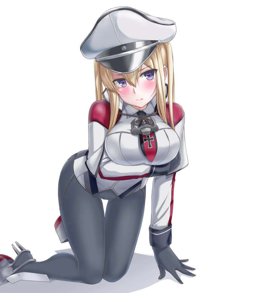 1girl bang black_gloves black_legwear blonde_hair blue_eyes blush breasts finger_gun gloves graf_zeppelin_(kantai_collection) hair_between_eyes hat heart heart-shaped_pupils highres kantai_collection kneeling large_breasts leixue_kongling long_hair military military_hat military_uniform necktie pantyhose simple_background solo symbol-shaped_pupils twintails uniform white_background