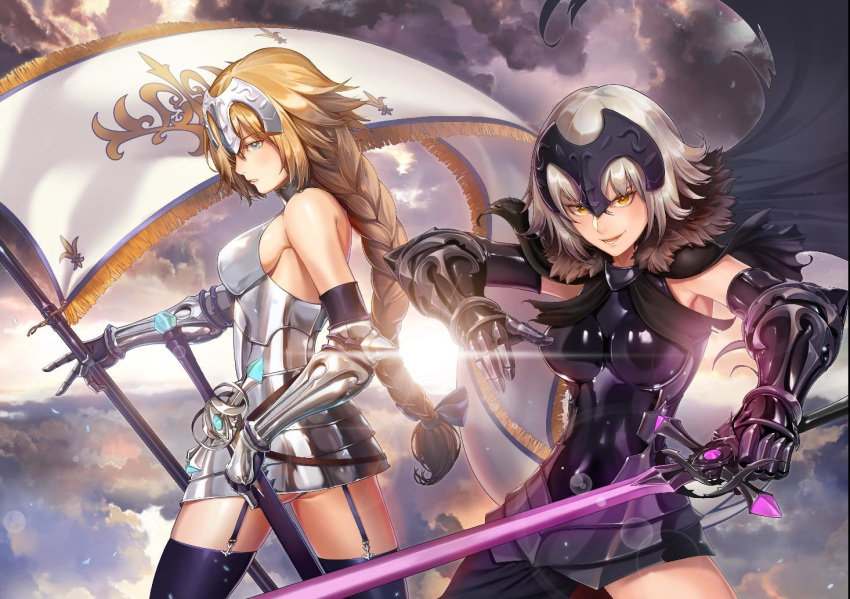 2girls armor armored_dress banner black_cape black_dress black_legwear breasts cape clouds cloudy_sky cowboy_shot dress fate_(series) gauntlets holding holding_sword holding_weapon jeanne_d'arc_(alter)_(fate) jeanne_d'arc_(fate) jeanne_d'arc_(fate)_(all) joe_(j_studio) lens_flare medium_breasts multiple_girls short_hair sidelocks silver_hair sky sleeveless sleeveless_dress smile standing sunlight sword thigh-highs weapon yellow_eyes