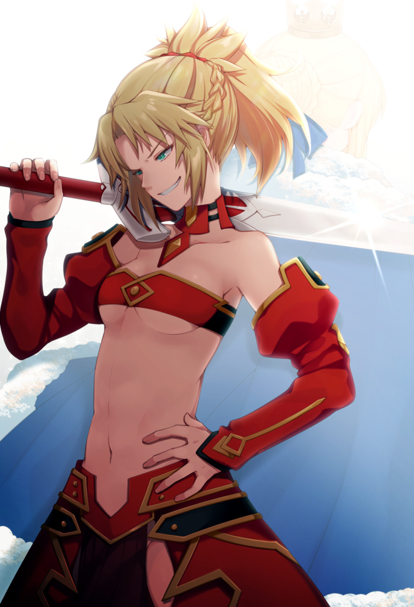 1girl aqua_eyes blonde_hair bra breasts choker detached_sleeves fate/apocrypha fate_(series) grin groin hair_ornament hair_scrunchie hand_on_hip highres holding holding_sword holding_weapon long_hair medium_breasts midriff mordred_(fate) mordred_(fate)_(all) navel ponita red_bra red_scrunchie red_skirt scrunchie skirt smile solo sparkle standing striped striped_bra sword under_boob underwear weapon