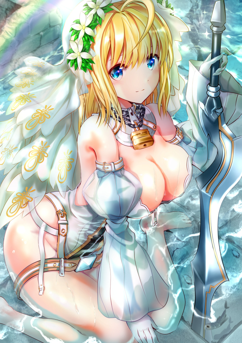 1girl aestus_estus ahoge barefoot belt blonde_hair blue_eyes breasts bridal_veil center_opening cleavage commentary_request detached_sleeves fate/extra fate/extra_ccc fate/grand_order fate_(series) full-length_zipper gorget hair_intakes head_wreath highres large_breasts leotard lock long_sleeves looking_at_viewer loose_belt medium_hair nero_claudius_(bride)_(fate) nero_claudius_(fate)_(all) ogata_tei padlock partially_submerged planted_sword planted_weapon puffy_long_sleeves puffy_sleeves showgirl_skirt smile solo strapless strapless_leotard sword veil weapon wet white_leotard zipper zipper_pull_tab