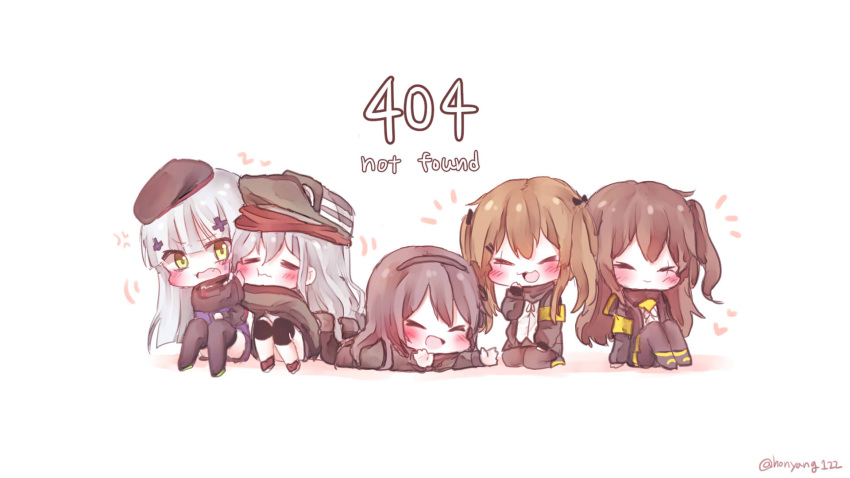 404 404_(girls_frontline) 5girls anger_vein armband bangs beret black_bow black_hair black_legwear blush boots bow brown_hair character_request chibi closed_eyes commentary_request commission d-pad d-pad_hair_ornament g11_(girls_frontline) girls_frontline green_eyes grey_hair hair_bow hair_ornament hairband hairpin hat highres hk416_(girls_frontline) honyang http_status_code knee_brace knees_up leaning_on_person lying multiple_girls on_stomach open_mouth pantyhose scar scar_across_eye seiza sitting smile thigh-highs twintails twitter_username two_side_up ump45_(girls_frontline) ump9_(girls_frontline) wavy_mouth white_background