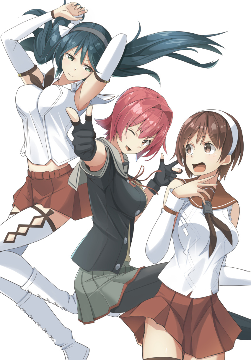 3girls armpits arms_up bangs black_hair blue_eyes blue_hair blush boots breasts brown_eyes brown_hair brown_skirt detached_sleeves eyebrows_visible_through_hair floating_hair gloves green_skirt hair_between_eyes hair_intakes hair_ribbon hairband half-closed_eyes highres isuzu_(kantai_collection) jacket kantai_collection kinu_(kantai_collection) knee_boots large_breasts long_hair looking_at_another looking_at_viewer multiple_girls natori_(kantai_collection) negahami one_eye_closed open_mouth partly_fingerless_gloves pink_hair pleated_skirt pointing pointing_at_viewer redhead remodel_(kantai_collection) ribbon school_uniform serafuku short_hair sidelocks skirt smile thigh-highs thighs twintails white_background white_footwear white_hairband white_legwear