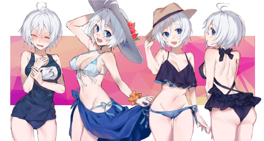 1girl :d antenna_hair arm_up ass bikini black_swimsuit blue_eyes blue_swimsuit blush breasts casual_one-piece_swimsuit cleavage closed_mouth cowboy_shot dennou_shoujo_youtuber_shiro embarrassed eyebrows_visible_through_hair flower from_behind front-tie_bikini front-tie_top hand_on_headwear hat hat_flower highres large_breasts looking_at_viewer looking_back moegi0926 multiple_views navel one-piece_swimsuit open_mouth profile sarong school_swimsuit shiro_(dennou_shoujo_youtuber_shiro) short_hair side-tie_bikini sketch smile sweatdrop swimsuit virtual_youtuber white_hair