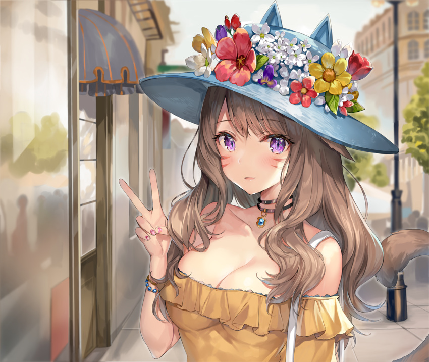 1girl bare_shoulders blurry bracelet breasts brown_hair choker cleavage depth_of_field eyebrows_visible_through_hair facial_mark final_fantasy final_fantasy_xiv flower hat hat_flower jewelry large_breasts long_hair looking_at_viewer miqo'te momoko_(momopoco) nail_polish off-shoulder_shirt outdoors parted_lips pendant shirt sidelocks slit_pupils solo sun_hat tail upper_body v violet_eyes