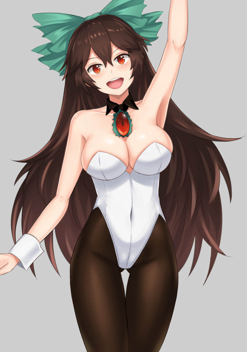 1girl :d absurdres alternate_costume arm_up armpits bare_arms bare_shoulders blush bow breasts brown_hair brown_legwear bunnysuit cleavage collarbone commentary_request covered_navel cowboy_shot detached_collar eyebrows_visible_through_hair gluteal_fold green_bow grey_background hair_between_eyes hair_bow head_tilt highres large_breasts long_hair open_mouth pantyhose red_eyes reiuji_utsuho revision simple_background smile solo standing thighs touhou very_long_hair wing_collar wrist_cuffs wuwusan