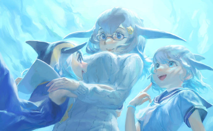 3girls :d blue_eyes blue_sailor_collar character_request commentary_request glasses grey_hair hair_ornament hairclip kemono_friends long_sleeves multiple_girls open_mouth ribbed_sweater sailor_collar school_uniform serafuku smile sweater tunapon01 underwater white_sweater