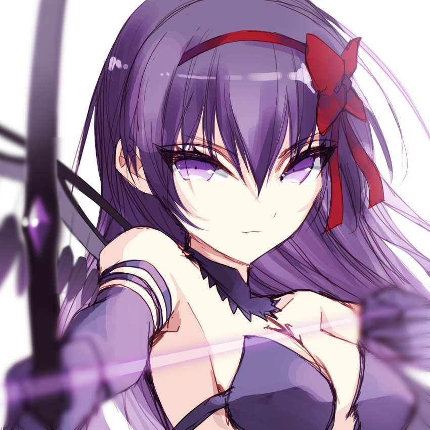 1girl absurdres akemi_homura akuma_homura bangs bare_shoulders blurry blurry_foreground breasts ears_visible_through_hair elbow_gloves gloves hair_between_eyes hair_ribbon highres long_hair looking_at_viewer mahou_shoujo_madoka_magica mahou_shoujo_madoka_magica_movie misteor purple_hair red_ribbon ribbon solo violet_eyes white_background