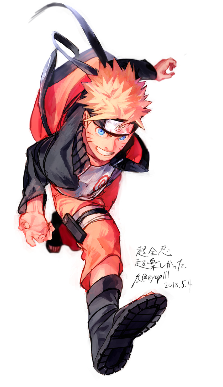 1boy blonde_hair blue_eyes forehead_protector full_body grin headband highres jacket jersey looking_at_viewer naruto sandals short_hair smile solo teeth uzumaki_naruto white_background zifletts