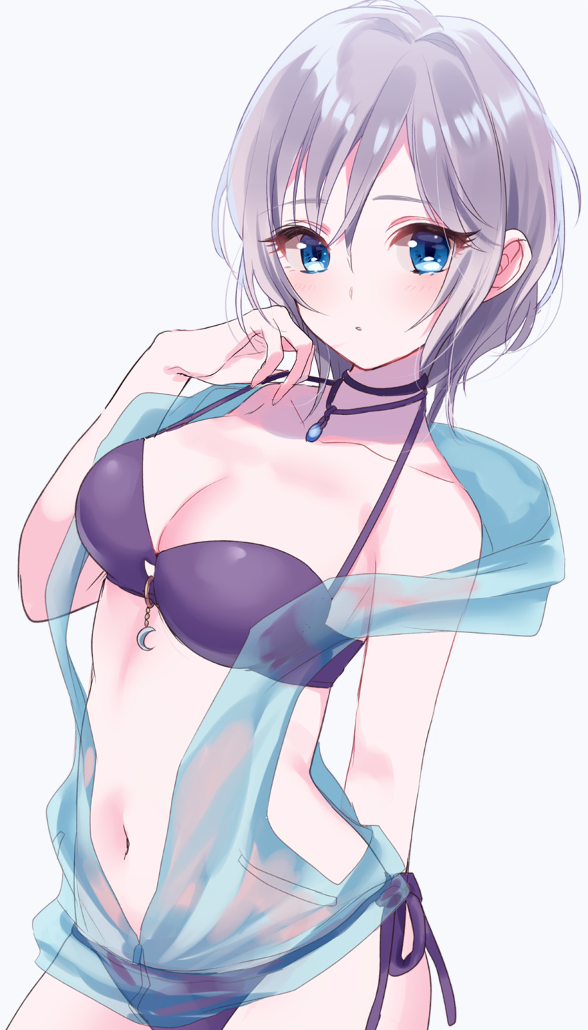 1girl anastasia_(idolmaster) bangs bare_shoulders bikini blue_eyes blush breasts cleavage closed_mouth collarbone eyelashes hair_between_eyes highres hips idolmaster idolmaster_cinderella_girls jewelry looking_at_viewer medium_breasts misumi_(macaroni) navel necklace purple_bikini short_hair side-tie_bikini silver_hair simple_background solo swimsuit waist white_background