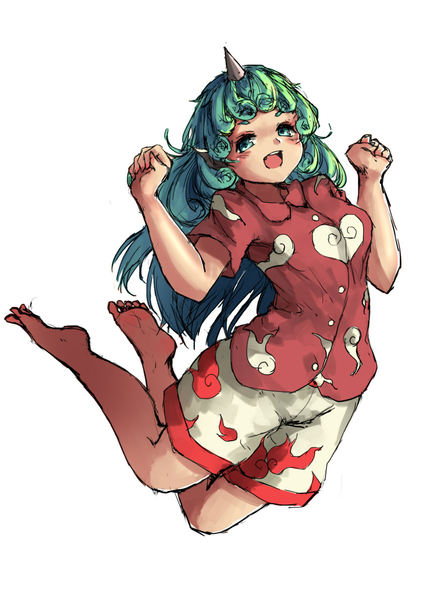 1girl blush buttons cloud_print collared_shirt curly_hair green_eyes green_hair highres horn kariyushi_shirt komano_aun kourou_(kouroukun) long_hair looking_at_viewer open_mouth paw_pose red_shirt shirt short_sleeves shorts solo touhou white_background white_shorts