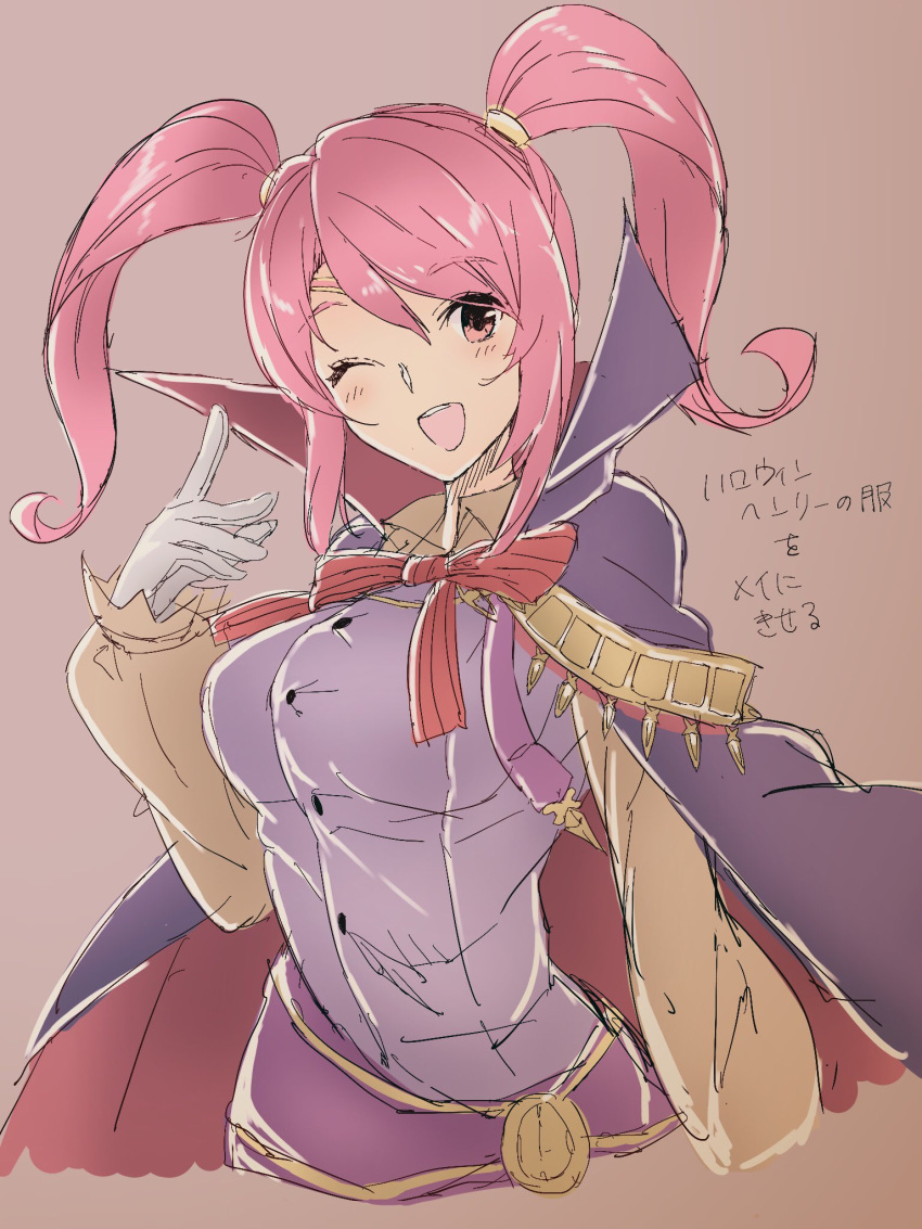 1girl aiueo1234853 bow cape cosplay fire_emblem fire_emblem:_kakusei fire_emblem_echoes:_mou_hitori_no_eiyuuou fire_emblem_heroes gloves henry_(fire_emblem) henry_(fire_emblem)_(cosplay) highres long_hair long_sleeves mae_(fire_emblem) one_eye_closed open_mouth pink_hair red_bow red_eyes solo twintails white_gloves