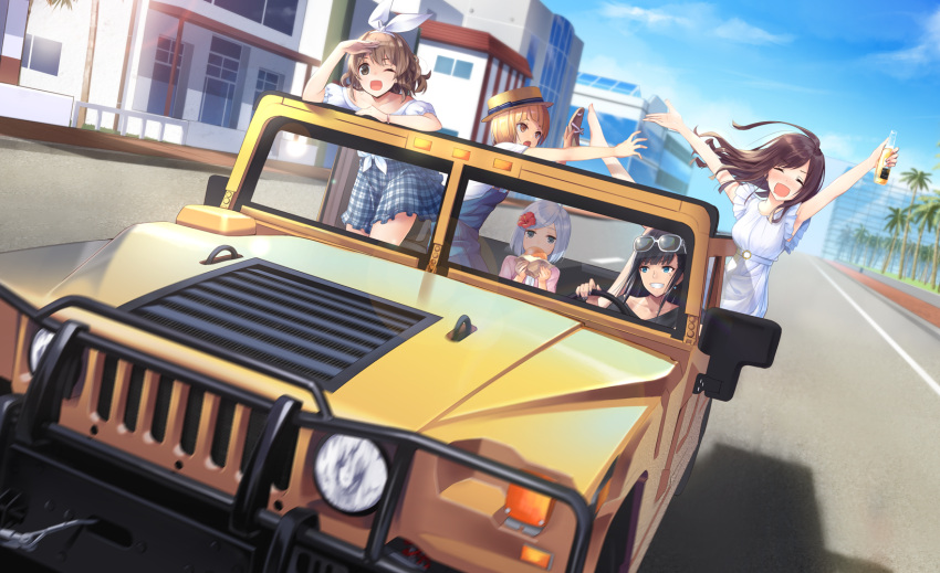 5girls ahoge alcohol arm_support arms_up beer black_hair blue_eyes blush bow brown_eyes building car city closed_eyes corona_(brand) dress driving drunk eating eyewear_on_head flower footwear_removed green_eyes grin ground_vehicle hair_bow hair_flower hair_ornament hand_to_head hat highres hummer looking_afar looking_to_the_side meso-meso mole mole_under_eye motor_vehicle multiple_girls open_mouth original overalls palm_tree plaid plaid_skirt reaching_out road short_hair silver_hair skirt smile standing standing_on_one_leg straw_hat street sunglasses tree white_dress