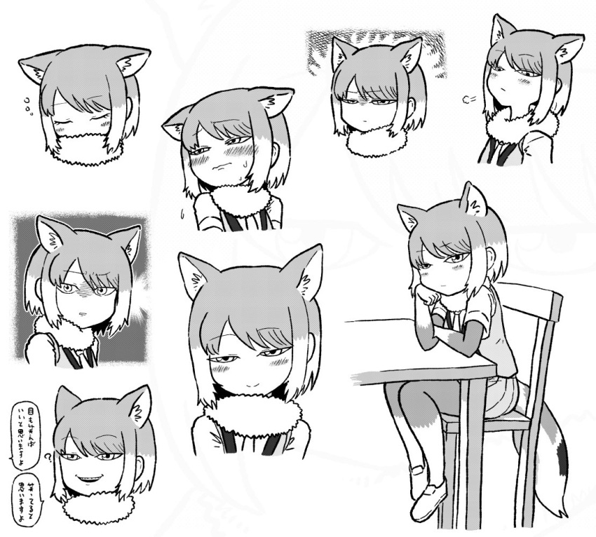 1girl ? blush chair closed_eyes closed_mouth commentary_request fur_collar greyscale kemono_friends kotobuki_(tiny_life) looking_at_viewer monochrome multiple_views necktie pantyhose short_hair sitting smile table tibetan_sand_fox_(kemono_friends) translation_request vest wide-eyed